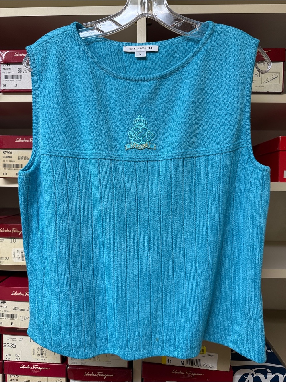 St. John Aqua Sleeveless Knit Top with St. John embroidery detailing on front